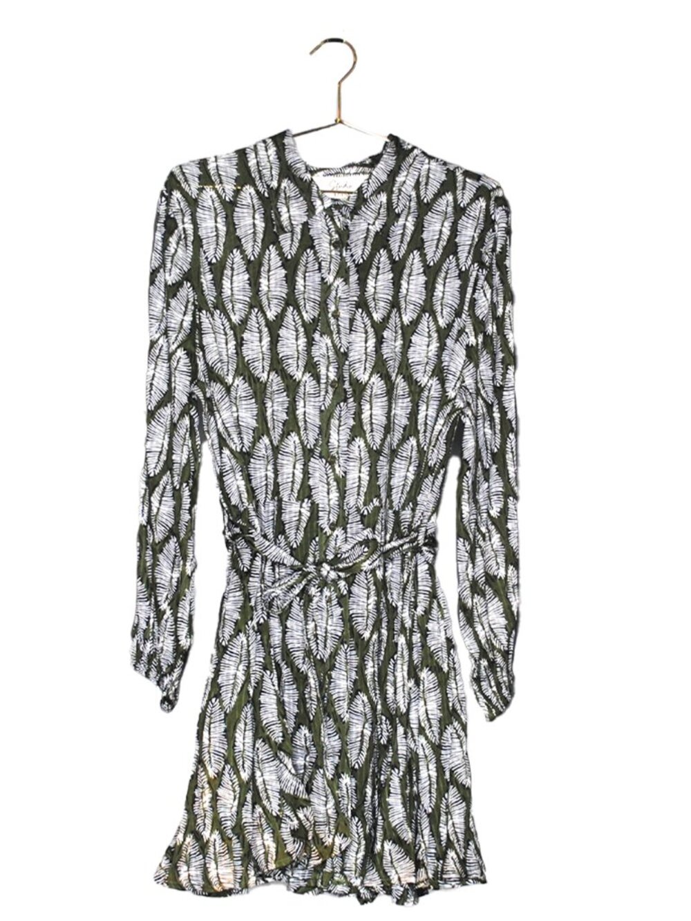 Short Green Palm Pattern Dress with Collar